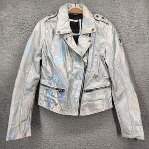 Mauritius Holographic Moto Jacket Silver Metallic Lamb Leather Full Zip Small